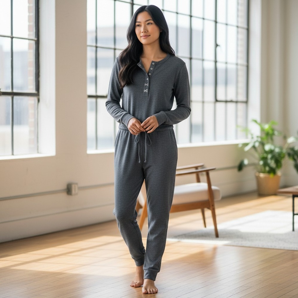 Chaser Jumpsuit S Charcoal Grey NEW Recycled Blend Henley Drawstring Loungewear